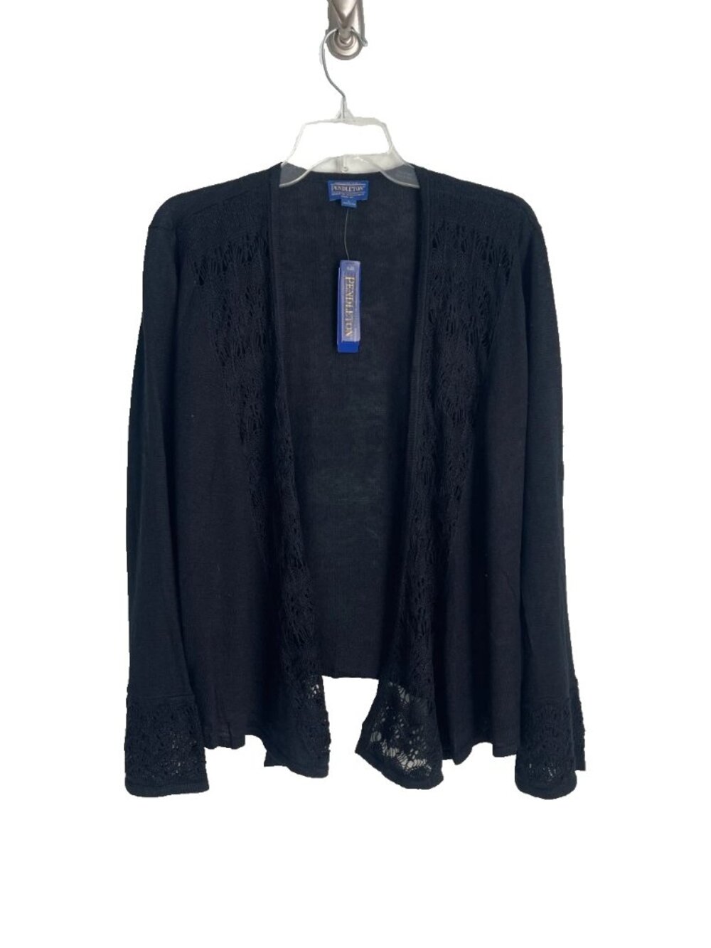 Pendleton Black Linen Blend Bell Sleeve Crochet Trim Open Front Cardigan NEW